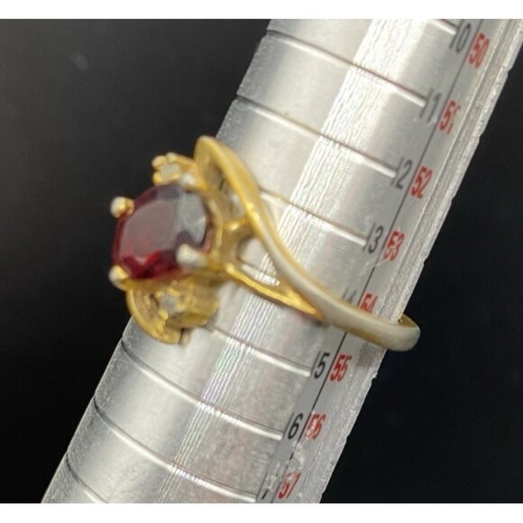 Garnet Ring Tested Diamond Accent Vintage Yellow Gold Plated Size 7 LOOK READ - Picture 3 of 10